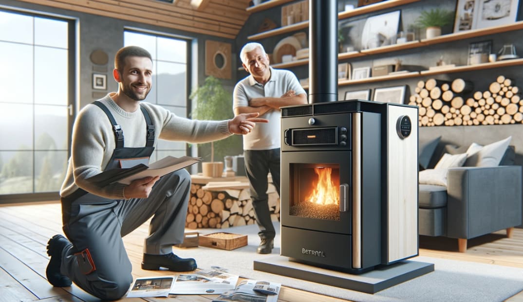 Un poêle à pellets CMG dans une maison moderne, avec un client satisfait et une technologie de visualisation 3D